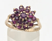 Load image into Gallery viewer, 2250 Vintage: 9ct Gold 19 Rich Red Rubies Flower Head Cluster Ring- From 1974