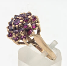 Load image into Gallery viewer, 2250 Vintage: 9ct Gold 19 Rich Red Rubies Flower Head Cluster Ring- From 1974