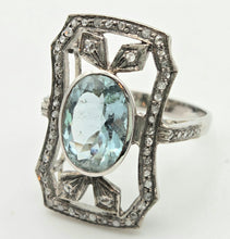 Load image into Gallery viewer, 2057 18ct White Gold Large Blue Aquamarine (2.41ct) Rose-Cut Diamonds  Art Deco Style Panel Ring