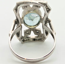 Load image into Gallery viewer, 2057 18ct White Gold Large Blue Aquamarine (2.41ct) Rose-Cut Diamonds  Art Deco Style Panel Ring