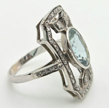 Load image into Gallery viewer, 2057 18ct White Gold Large Blue Aquamarine (2.41ct) Rose-Cut Diamonds  Art Deco Style Panel Ring