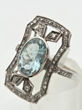 Load image into Gallery viewer, 2057 18ct White Gold Large Blue Aquamarine (2.41ct) Rose-Cut Diamonds  Art Deco Style Panel Ring