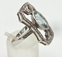 Load image into Gallery viewer, 2057 18ct White Gold Large Blue Aquamarine (2.41ct) Rose-Cut Diamonds  Art Deco Style Panel Ring