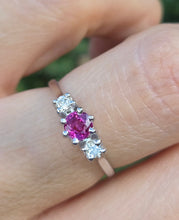Cargar imagen en el visor de la galería, 2357: Vintage; 18ct White Gold Ruby Round Full Cut Diamonds 3- Stone Straight Ring- From 1978