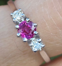 Load image into Gallery viewer, 2357: Vintage; 18ct White Gold Ruby Round Full Cut Diamonds 3- Stone Straight Ring- From 1978