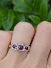 Load image into Gallery viewer, Vintage: 9ct Gold Rubies Trilogy 38 Natural Diamonds Dress Ring