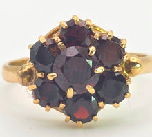 Load image into Gallery viewer, 2129 Vintage; 9ct Gold 7 Rich Red Round Cut Garnets Flower Head Ring