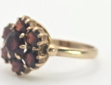 Load image into Gallery viewer, 2129 Vintage; 9ct Gold 7 Rich Red Round Cut Garnets Flower Head Ring