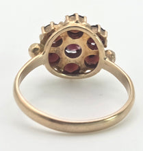 Load image into Gallery viewer, 2129 Vintage; 9ct Gold 7 Rich Red Round Cut Garnets Flower Head Ring