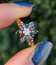 Load image into Gallery viewer, 6233 Vintage: 18ct Gold Rubies, Sapphires, Emeralds Diamond "Snowflake" Ring-From 1984