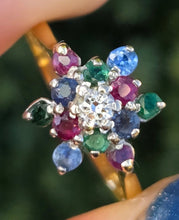 Load image into Gallery viewer, 6233 Vintage: 18ct Gold Rubies, Sapphires, Emeralds Diamond "Snowflake" Ring-From 1984