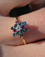 Load image into Gallery viewer, 6233 Vintage: 18ct Gold Rubies, Sapphires, Emeralds Diamond "Snowflake" Ring-From 1984