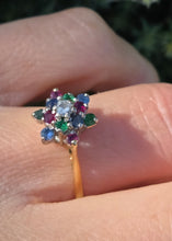 Load image into Gallery viewer, 6233 Vintage: 18ct Gold Rubies, Sapphires, Emeralds Diamond "Snowflake" Ring-From 1984