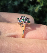 Load image into Gallery viewer, 6233 Vintage: 18ct Gold Rubies, Sapphires, Emeralds Diamond "Snowflake" Ring-From 1984