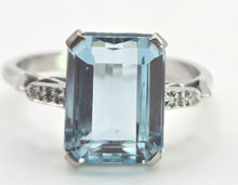 Load image into Gallery viewer, 1867 Vintage: 18ct White Gold Emerald Cut Blue Aquamarine Diamonds Cocktail Ring