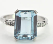 Load image into Gallery viewer, 1867 Vintage: 18ct White Gold Emerald Cut Blue Aquamarine Diamonds Cocktail Ring