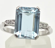 Load image into Gallery viewer, 1867 Vintage: 18ct White Gold Emerald Cut Blue Aquamarine Diamonds Cocktail Ring