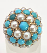 Load image into Gallery viewer, 2472 Vintage: 9ct Gold Turquoise Cultured Pearls "Bombe" Ring- From 1960