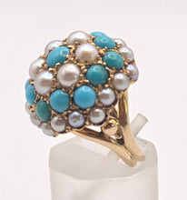 Load image into Gallery viewer, 2472 Vintage: 9ct Gold Turquoise Cultured Pearls "Bombe" Ring- From 1960