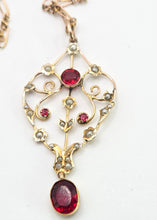 Load image into Gallery viewer, 1651 Antique (Edwardian) 9ct Gold Garnets Seed Pearls Pendant & Figaro Necklace