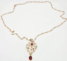 Load image into Gallery viewer, 1651 Antique (Edwardian) 9ct Gold Garnets Seed Pearls Pendant & Figaro Necklace