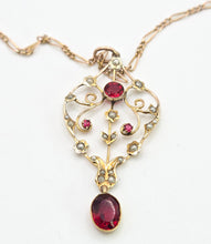 Load image into Gallery viewer, 1651 Antique (Edwardian) 9ct Gold Garnets Seed Pearls Pendant & Figaro Necklace