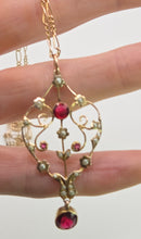 Load image into Gallery viewer, 1651 Antique (Edwardian) 9ct Gold Garnets Seed Pearls Pendant & Figaro Necklace