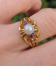 Load image into Gallery viewer, 6136 Vintage: Rare: 18ct Gold Cultured Pearl Rubies Cocktail Ring