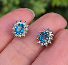 Load image into Gallery viewer, 2260 Vintage: 9ct Gold Blue Topaz 24 Natural Diamonds Stud Earrings