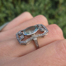 Load image into Gallery viewer, 2057 18ct White Gold Large Blue Aquamarine (2.41ct) Rose-Cut Diamonds  Art Deco Style Panel Ring
