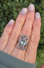 Load image into Gallery viewer, 2057 18ct White Gold Large Blue Aquamarine (2.41ct) Rose-Cut Diamonds  Art Deco Style Panel Ring
