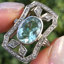 Load image into Gallery viewer, 2057 18ct White Gold Large Blue Aquamarine (2.41ct) Rose-Cut Diamonds  Art Deco Style Panel Ring