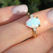 Load image into Gallery viewer, Vintage: 14ct Gold Cabochon White Opal Diamonds 3-Stone Ring