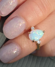 Load image into Gallery viewer, Vintage: 14ct Gold Cabochon White Opal Diamonds 3-Stone Ring