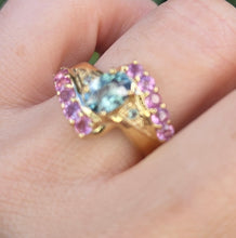 Load image into Gallery viewer, 6265 Vintage: 9ct Gold Pink & Green Sapphires Blue Zircon Cocktail Ring