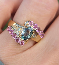 Load image into Gallery viewer, 6265 Vintage: 9ct Gold Pink & Green Sapphires Blue Zircon Cocktail Ring