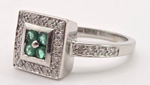 Load image into Gallery viewer, 2440- Vintage: 14ct White Gold Emeralds Diamonds Art Deco Style Panel Ring