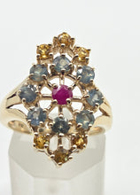 Load image into Gallery viewer, 2506- Vintage: 9ct Gold Green & Yellow Sapphires Ruby Openwork Cocktail Ring