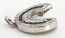 Load image into Gallery viewer, 2441- Vintage Heavy 18ct White Gold Cornflower Blue Sapphires Diamonds Horseshoe Pendant
