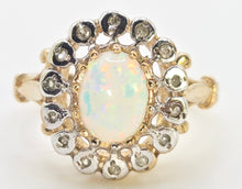 Load image into Gallery viewer, 2536: Vintage 9ct Gold Cabochon Cut White Opal 14 Natural Diamonds Cluster Ring