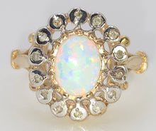 Load image into Gallery viewer, 2536: Vintage 9ct Gold Cabochon Cut White Opal 14 Natural Diamonds Cluster Ring