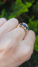 Load image into Gallery viewer, 2451 Vintage: 9ct Gold Cabochon Cornflower Blue Sapphire Trilogy Ring