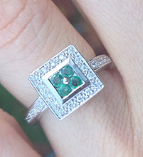 Load image into Gallery viewer, 6420- Vintage: 14ct White Gold Emeralds Diamonds Art Deco Style Panel Ring