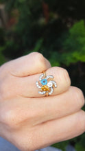 Load image into Gallery viewer, 1216: Vintage: 9ct Gold Swirl Cocktail Ring- Citrine, Blue & Glacier Topaz