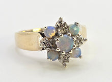 Load image into Gallery viewer, 2158: Vintage: 9ct Gold 7 White Opals Diamonds Flower Head Ring- From 1981