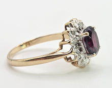 Load image into Gallery viewer, 6426: Vintage 9ct Gold Red Garnet Diamonds Flower Head Ring