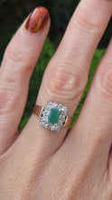 Load image into Gallery viewer, 6287 Vintage: 9ct Gold Emerald Cut Emerald 14 Diamonds Square Set Ring