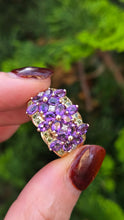 Load image into Gallery viewer, 6253 Vintage: 14ct Gold Amethysts, Peridots, Diamond's Cluster Cocktail Ring- Suffragette Colours