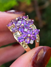 Load image into Gallery viewer, 6253 Vintage: 14ct Gold Amethysts, Peridots, Diamond's Cluster Cocktail Ring- Suffragette Colours
