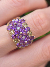 Load image into Gallery viewer, 6253 Vintage: 14ct Gold Amethysts, Peridots, Diamond's Cluster Cocktail Ring- Suffragette Colours